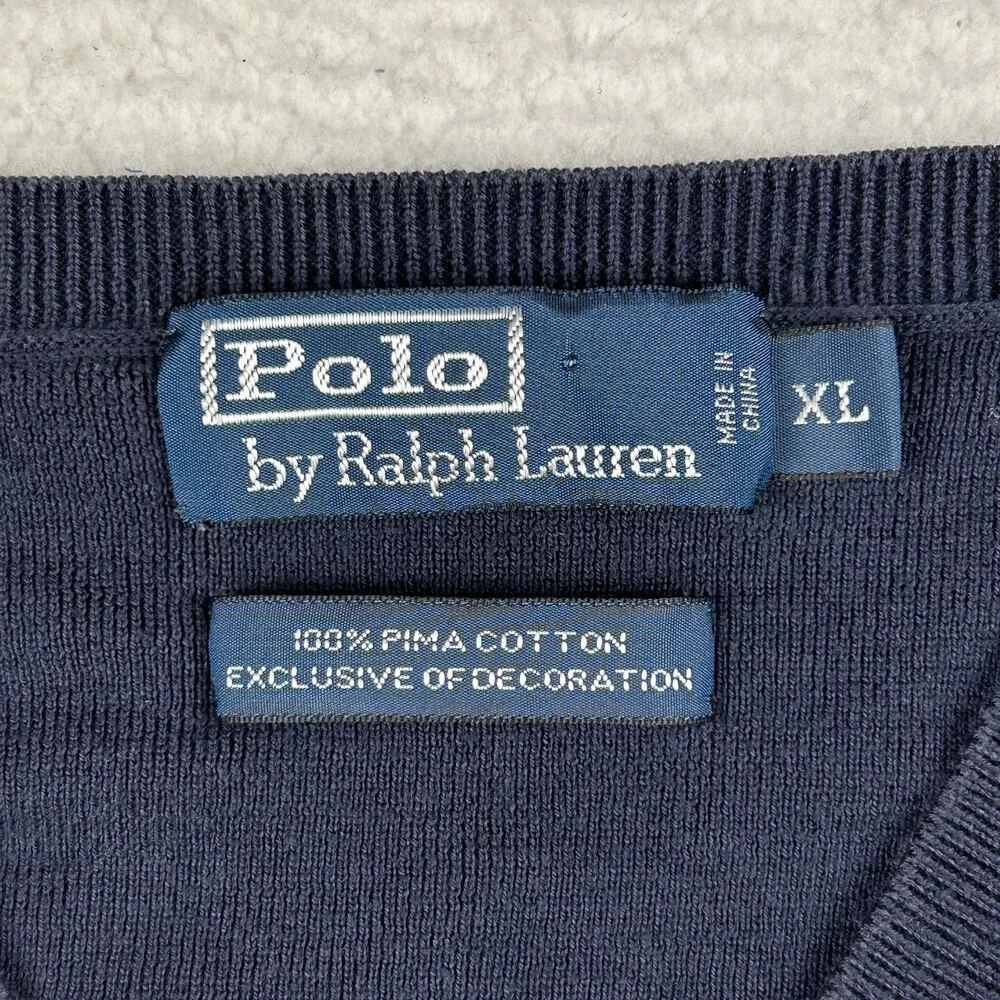 Polo Ralph Lauren Sweater Mens XL V-Neck Navy Blue Pima Cotton Knit Pullover